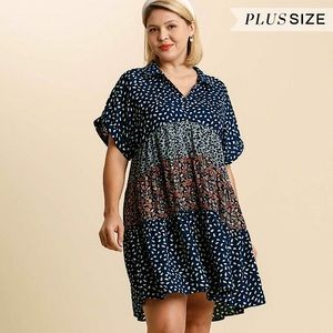 RESTOCKED Umgee Plus Navy Mix Print Boho Dress